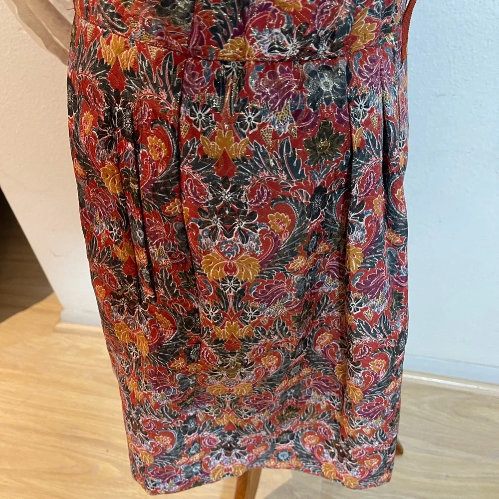 Anthropologie Rosia Brocade Red & Gold Floral Metallic Pleated Skirt - Picture 8 of 13